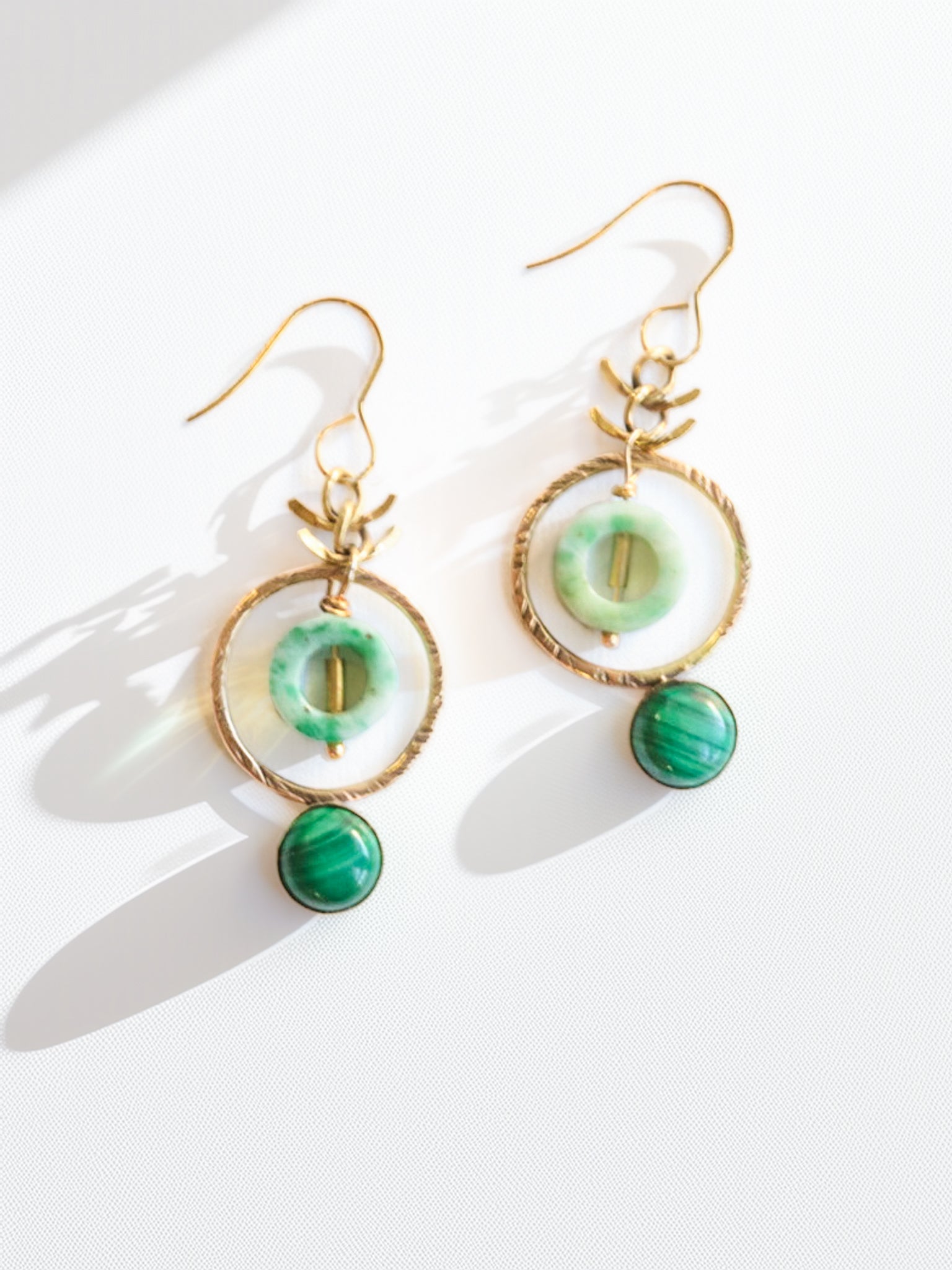 Evergreen — Handmade Brass Earrings with Malachite and Jade