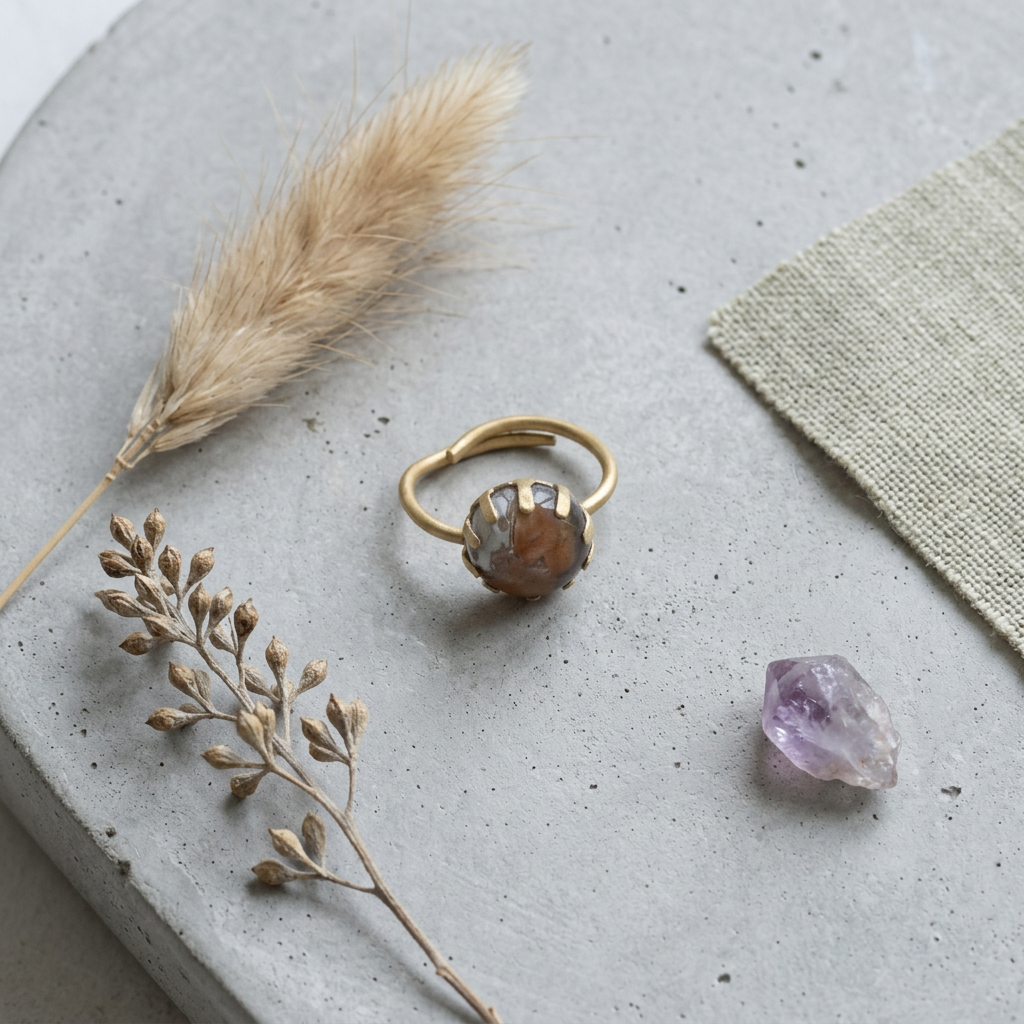 Fancy Jasper Brass Statement Ring, Adjustable, 11mm, No. 07