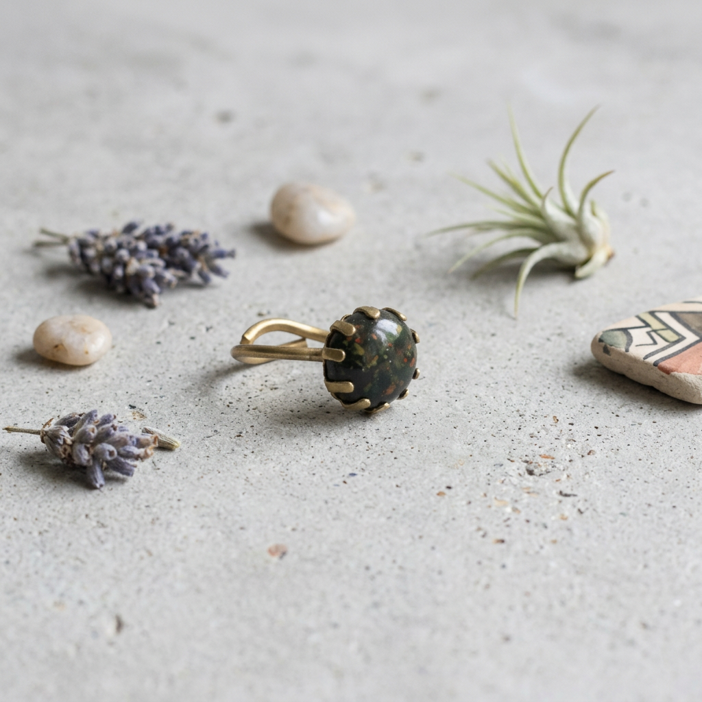 Fancy Jasper Brass Statement Ring, Adjustable, 11mm, No. 03