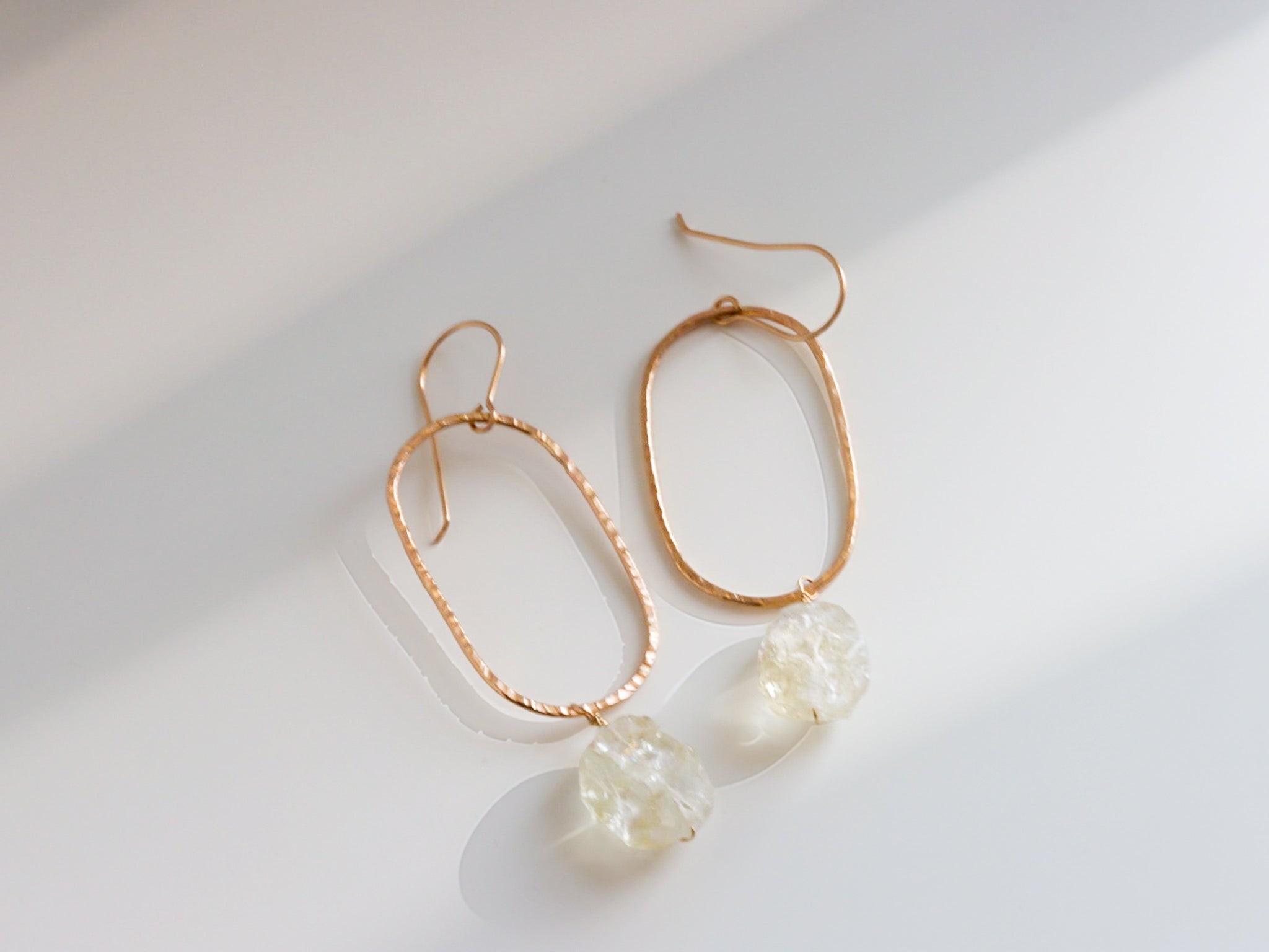 Hand forged oval gold filled drop earrings with natural rough citrine gemstones