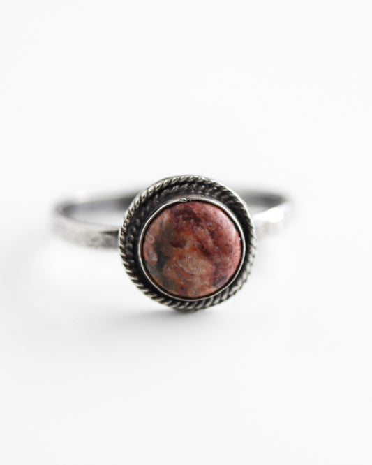 Bohemian minimalist sterling silver jasper ring, handcrafted with ethically sourced metal and gemstone.