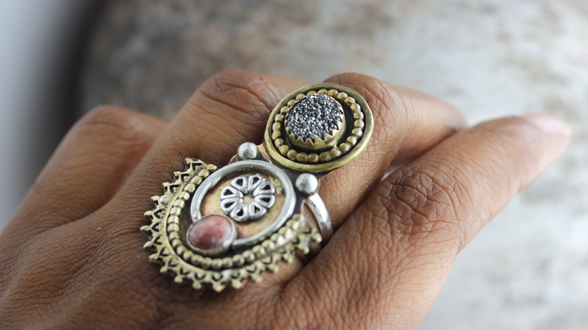 Hand‑forged Brass & Sterling Silver Statement Ring with Jasper & Druzy Agate (Size 7)