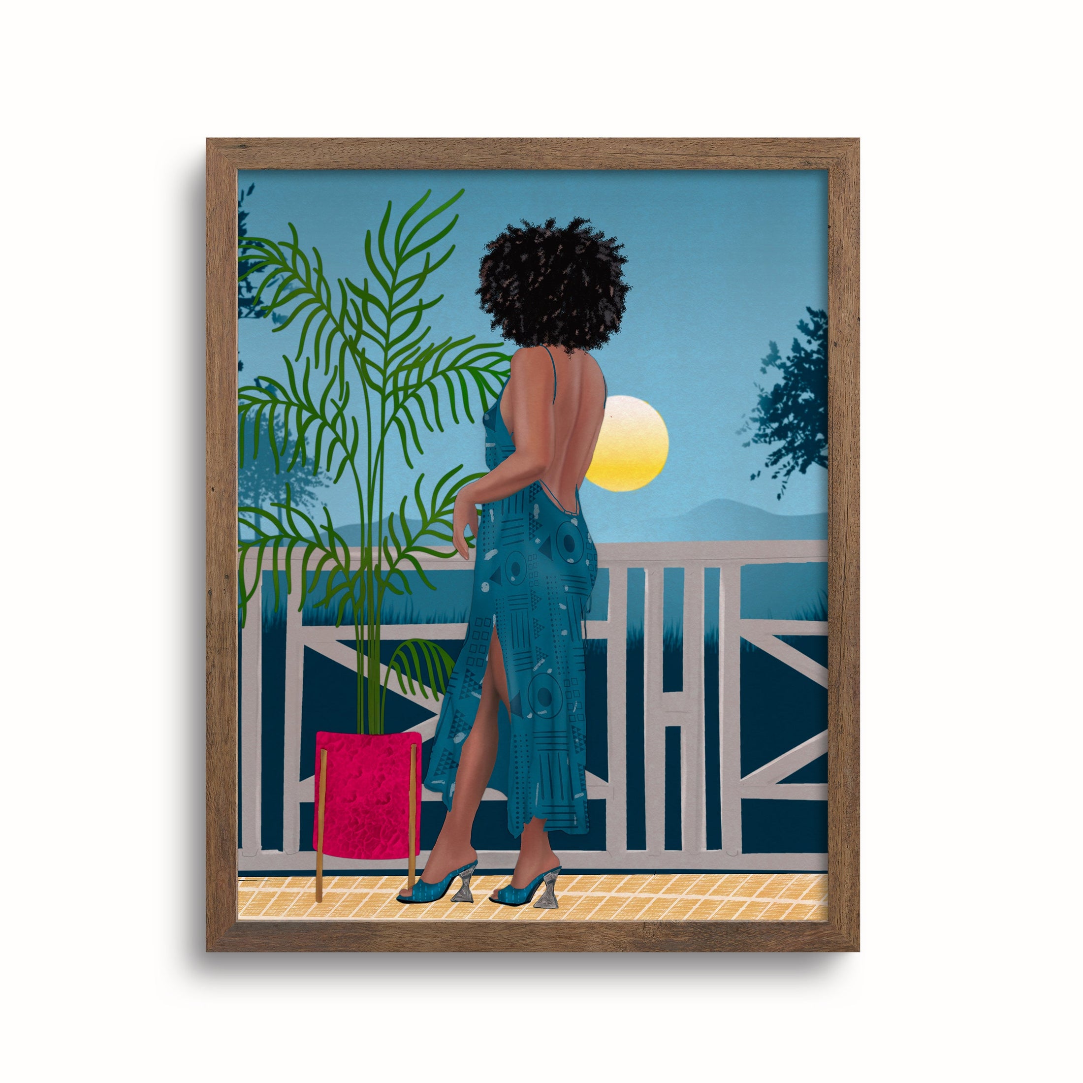 Elegant and modern illustration of Camila with natural afro hair, set against a moonlit tropical scene.