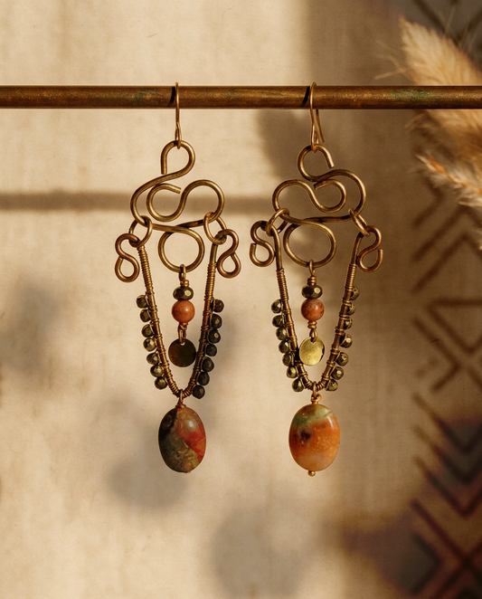 Jasper Red Aventurine Pyrite Brass Chandelier Earrings