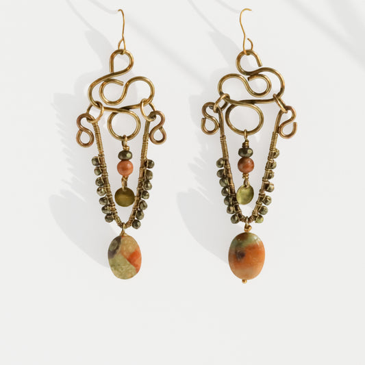 Brass chandelier earrings with sculptural wire work, jasper, red aventurine, and pyrite — handmade by bykjones