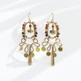 Load image into Gallery viewer, Brass hoop fringe earrings with stone-wrapped oval frame, jasper, tiger iron, and white howlite — handmade by bykjones

