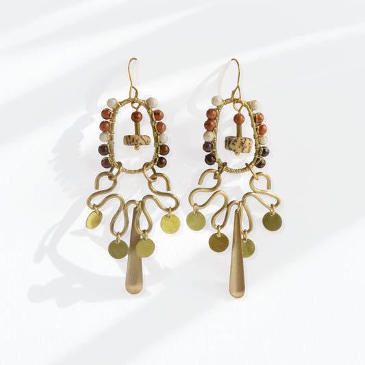 Brass hoop fringe earrings with stone-wrapped oval frame, jasper, tiger iron, and white howlite — handmade by bykjones