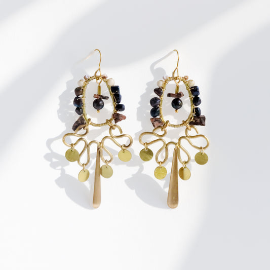  Brass hoop fringe earrings with stone-wrapped oval frame, leopardskin jasper, dumortierite, and white howlite — handmade by bykjones
