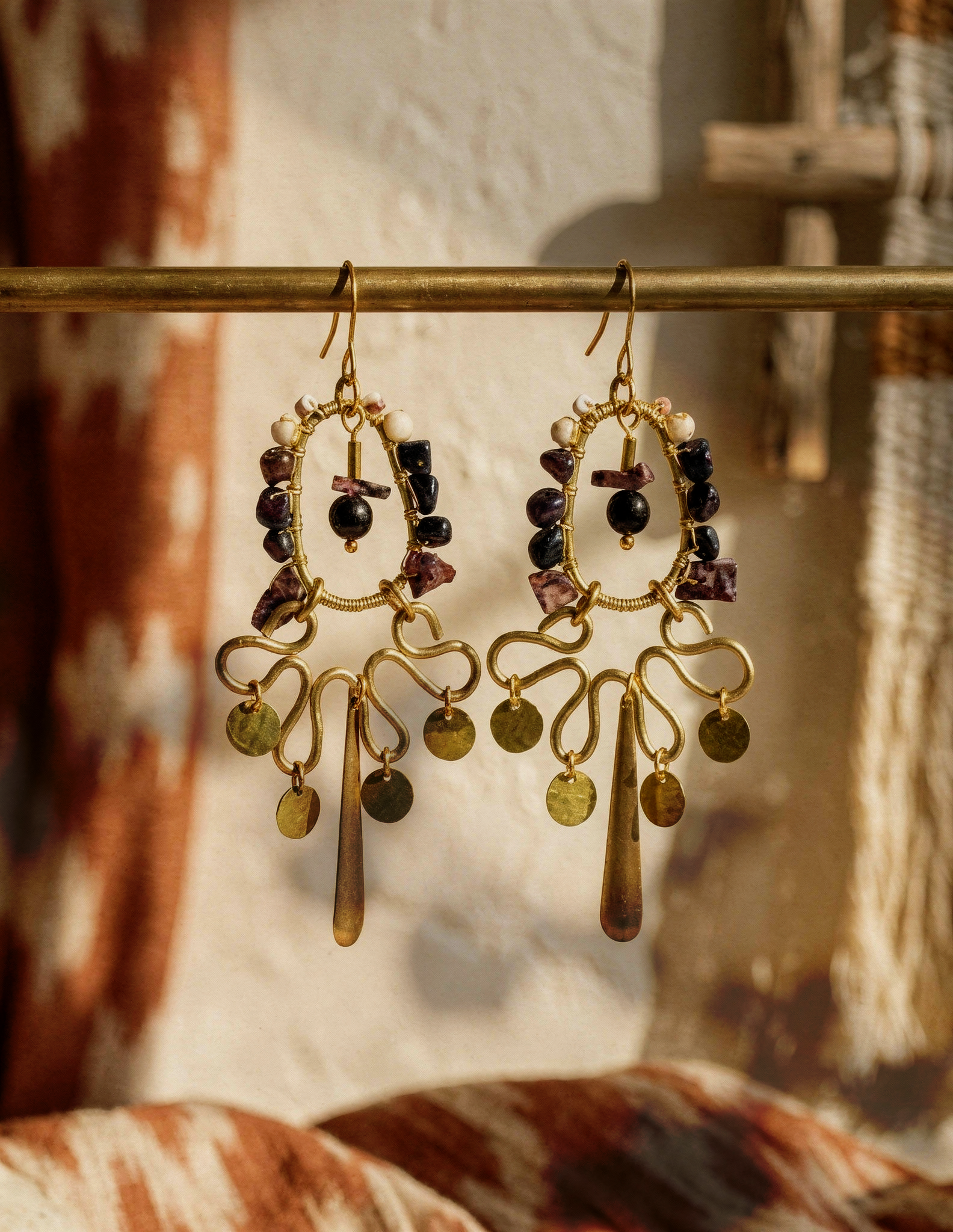 Leopard Jasper Dumortierite Howlite Brass Hoop Fringe Earrings