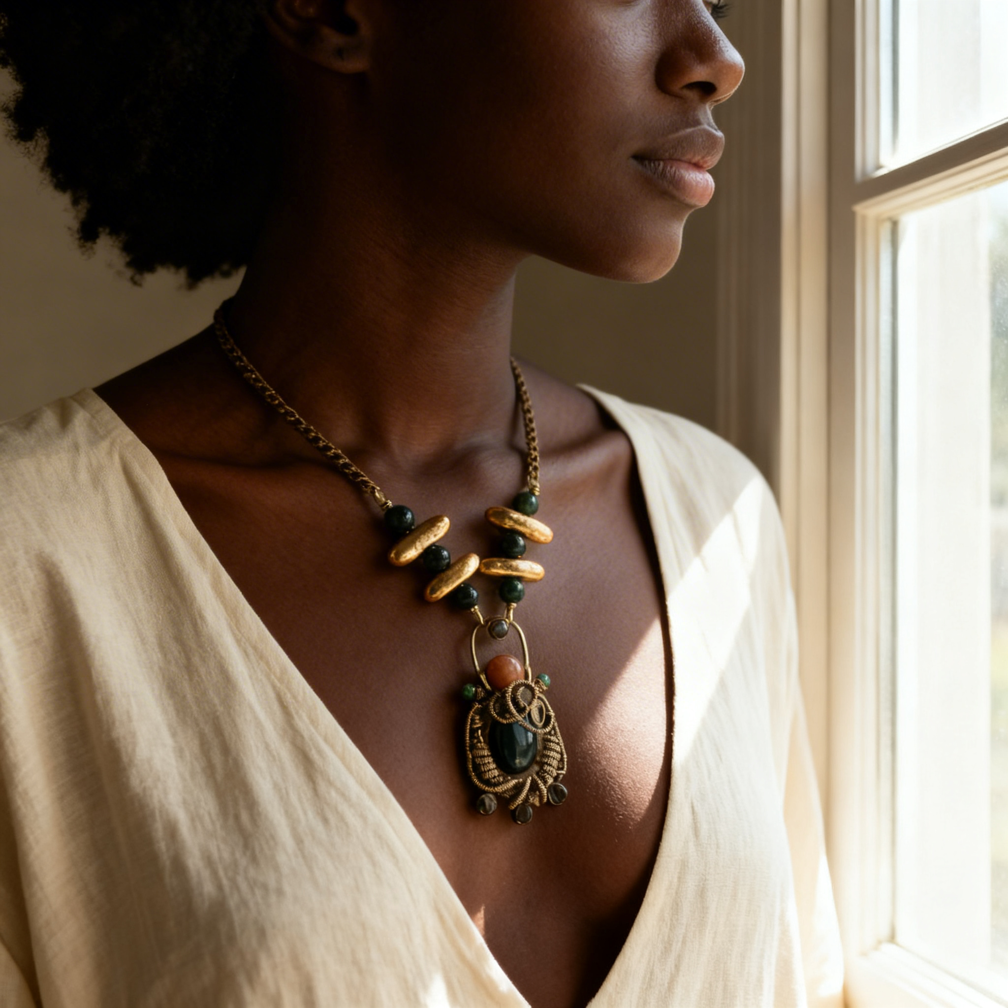 One-of-a-kind handmade wire weave brass statement necklace with red aventurine and jade worn on neck, collector artisan jewelry by bykjones North Carolina