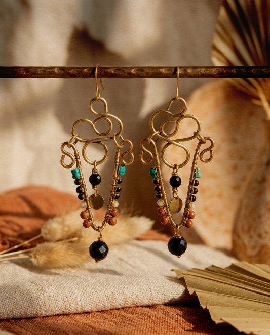 Onyx Turquoise Howlite Jasper Brass Chandelier Earrings