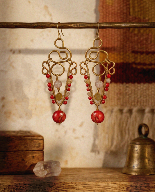 Pink Jasper Crystal Quartz Brass Chandelier Earrings