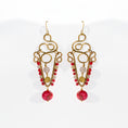 Load image into Gallery viewer, Brass chandelier earrings with sculptural wire work, pink impression jasper, and crystal quartz — handmade by bykjones
