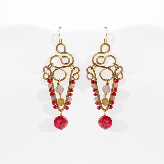 Brass chandelier earrings with sculptural wire work, pink impression jasper, and crystal quartz — handmade by bykjones
