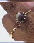 Load and play video in Gallery viewer, Fancy jasper brass statement ring handmade, sage green and deep plum two-tone stone, rotating on finger, adjustable brass prong ring, bykjones
