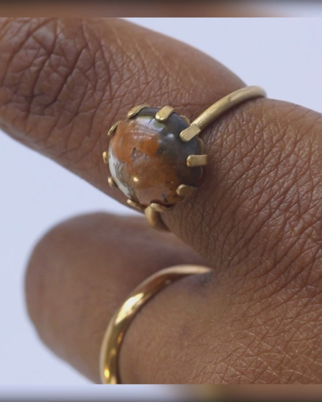 Fancy jasper brass statement ring handmade, grey, orange and sage multi color stone, prong setting rotating on finger, adjustable brass prong ring, bykjones