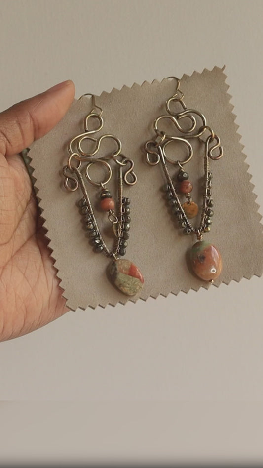 Jasper Red Aventurine Pyrite Brass Chandelier Earrings