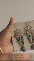 Load and play video in Gallery viewer, Teal Jasper Pyrite Brass Chandelier Earrings
