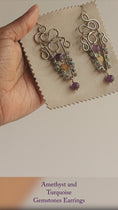 Load and play video in Gallery viewer, Amethyst Turquoise Brass Chandelier Earrings
