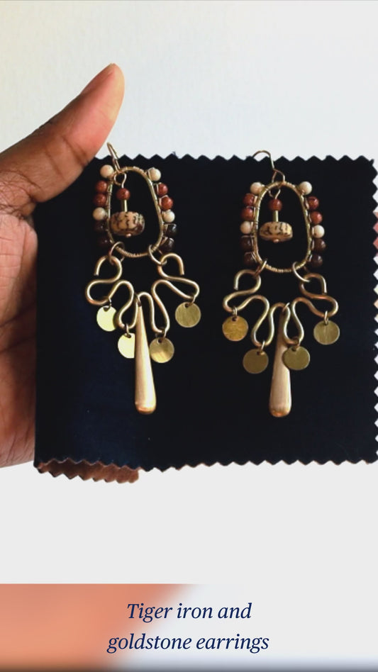 Jasper Tiger Iron Howlite Brass Hoop Fringe Earrings