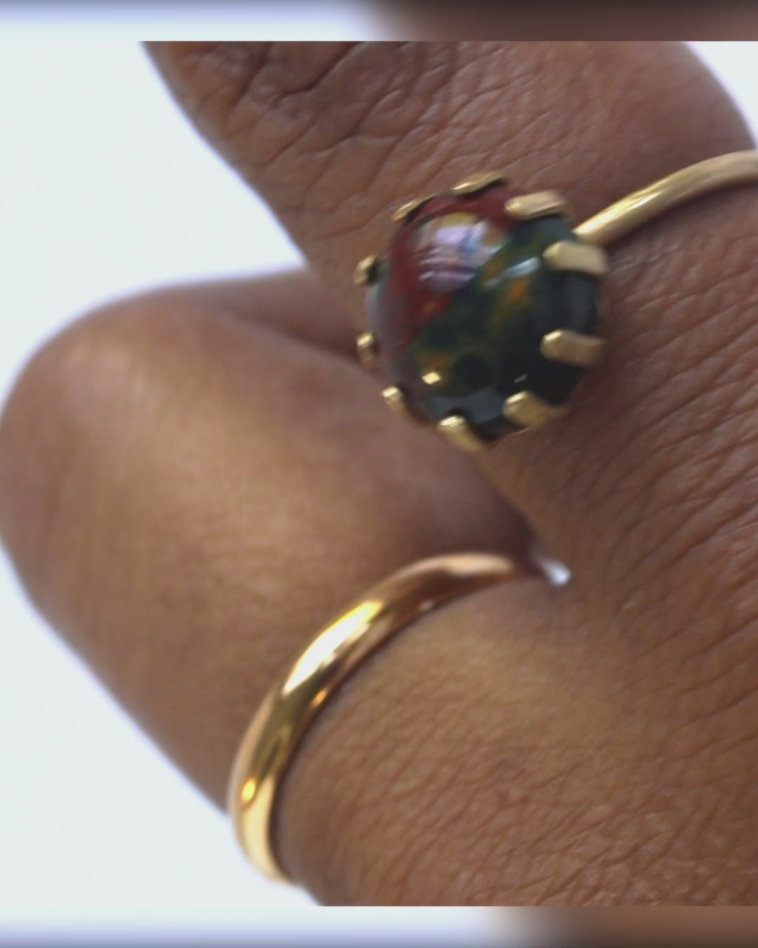 Fancy jasper brass statement ring handmade, hunter green and deep red two-tone stone, prong setting rotating on finger, adjustable brass prong ring, bykjones