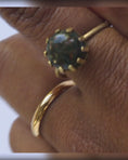 Load and play video in Gallery viewer,  Fancy jasper brass statement ring handmade, dark green and yellow specks rotating on finger, adjustable brass prong ring, bykjones
