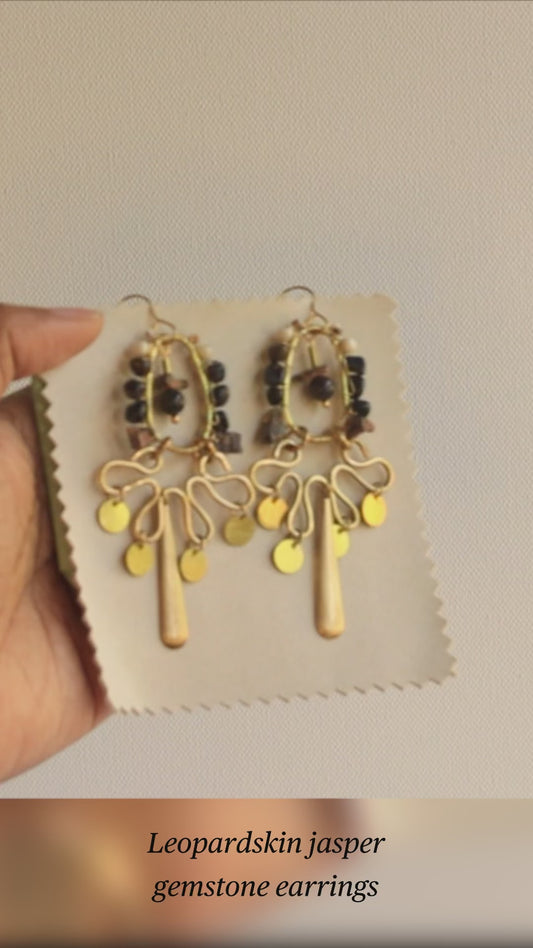 Leopard Jasper Dumortierite Howlite Brass Hoop Fringe Earrings