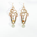 Load image into Gallery viewer,  Brass chandelier earrings with sculptural wire work, rhodonite, sodalite, and green aventurine — handmade by bykjones
