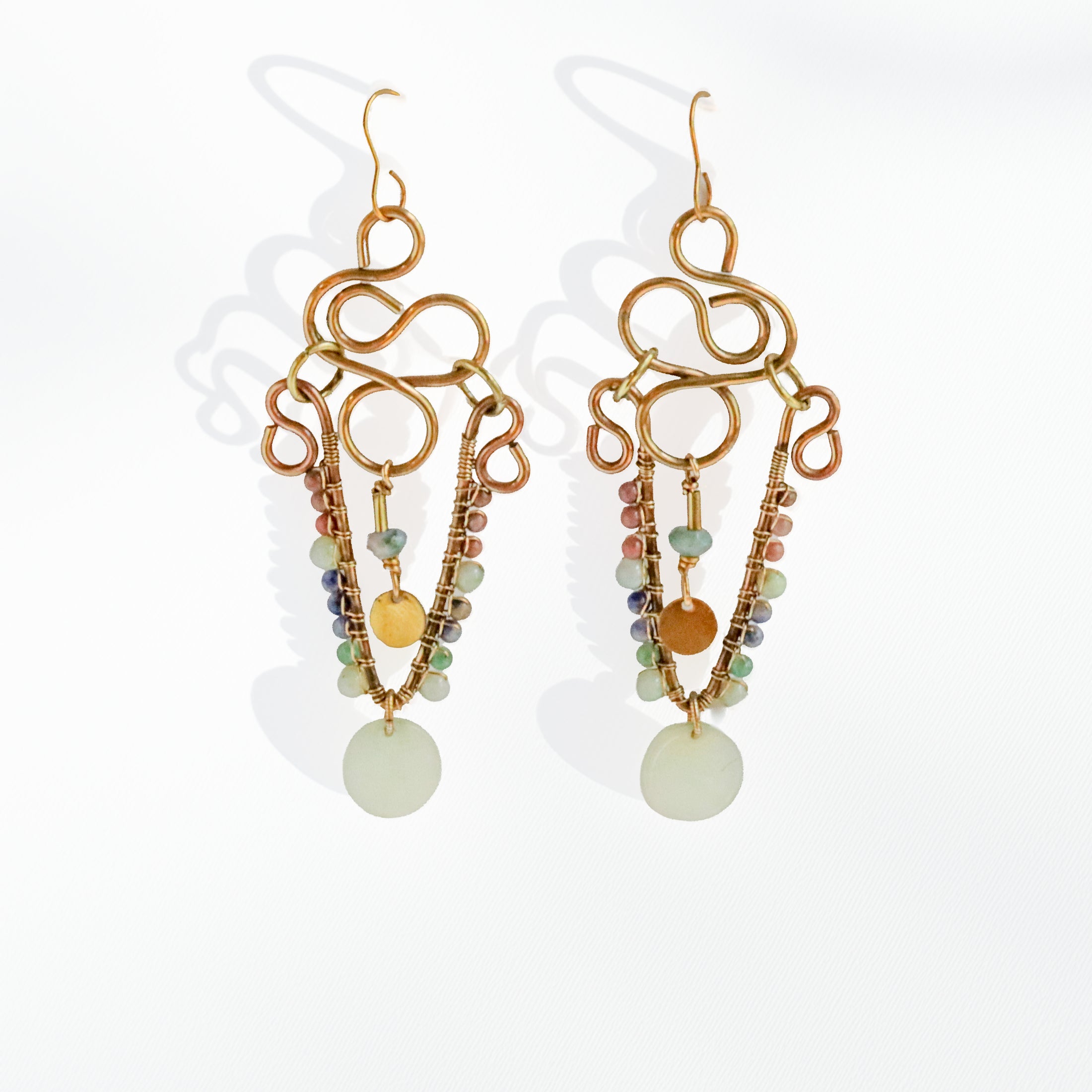 Brass chandelier earrings with sculptural wire work, rhodonite, sodalite, and green aventurine — handmade by bykjones