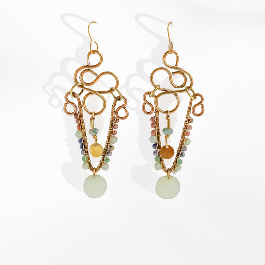  Brass chandelier earrings with sculptural wire work, rhodonite, sodalite, and green aventurine — handmade by bykjones