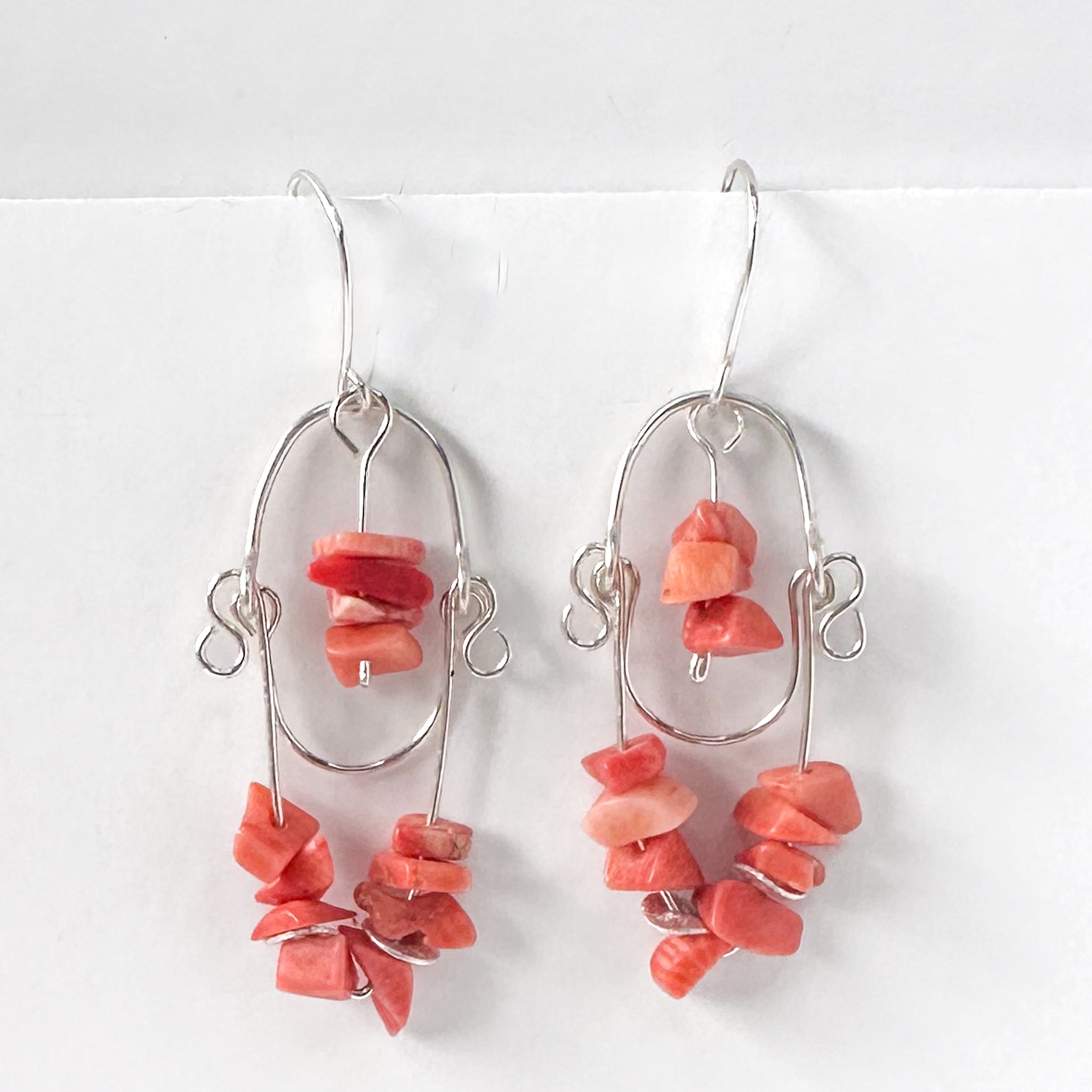 Pink Coral Stone, Sterling Silver Dangle Earrings