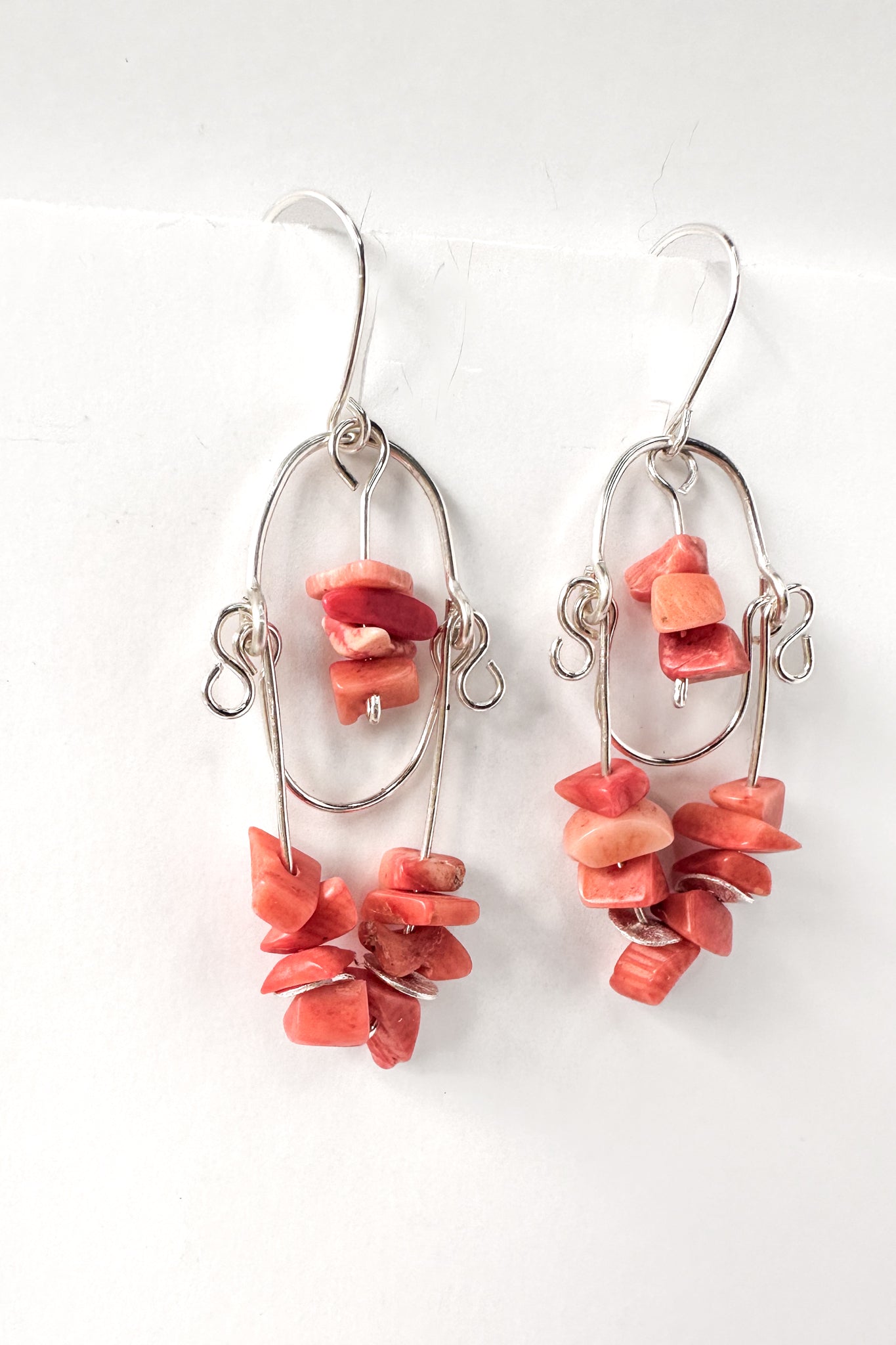 Pink Coral Stone, Sterling Silver Dangle Earrings