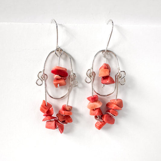 Pink Coral Stone, Sterling Silver Dangle Earrings