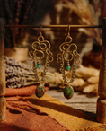 Load image into Gallery viewer, Teal Jasper Pyrite Brass Chandelier Earrings

