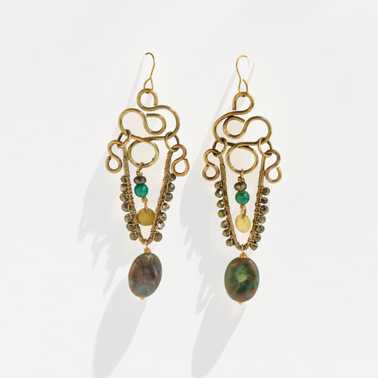 Brass chandelier earrings with sculptural wire work, teal impression jasper, and pyrite — handmade by bykjones