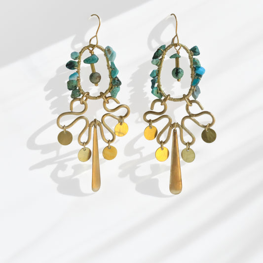 Brass hoop fringe earrings with turquoise stone chips wrapped around oval frame and brass fringe drop — handmade by bykjones