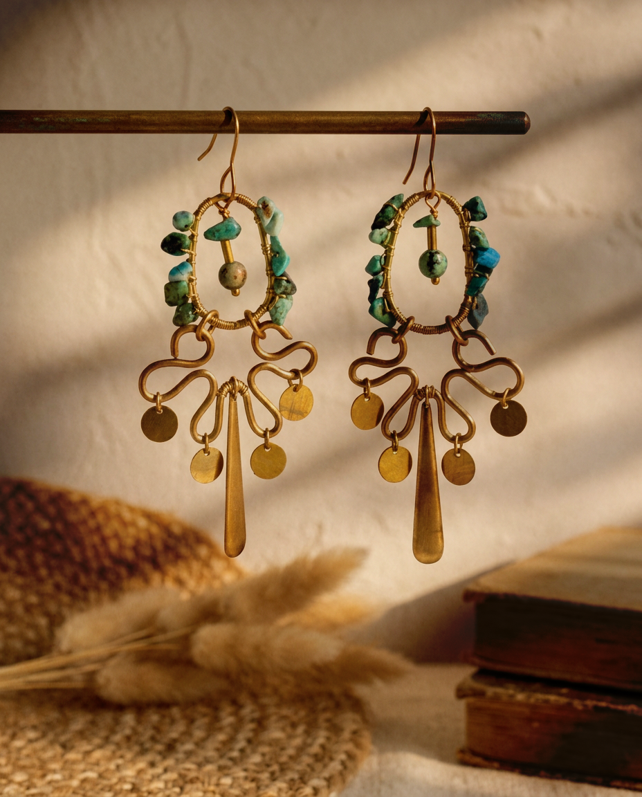 Turquoise Brass Hoop Fringe Earrings