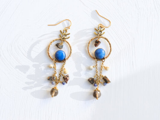 wire-wrapped-mixed-stone-earrings-blue-howlite-sodalite-smokey-quartz-brass-chain-drifter-bykjones