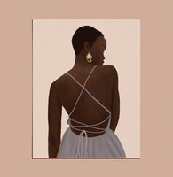 Illustration of Elana, a black woman in a minimalist scene, looking over her shoulder in a cross-strap sleeveless mauve dress