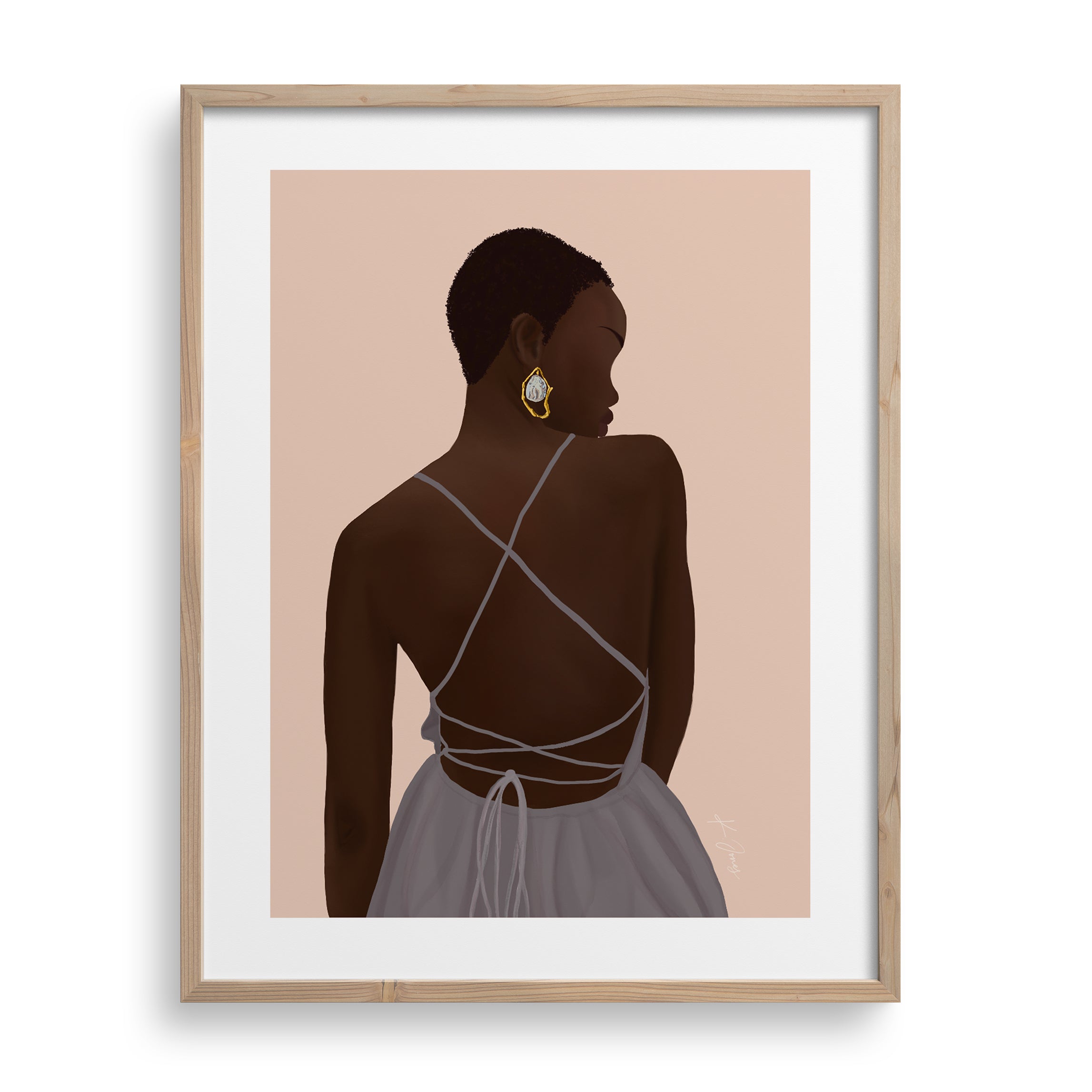 Elegant black woman named Elana, depicted in a mauve cross-strap dress with a minimalist background.