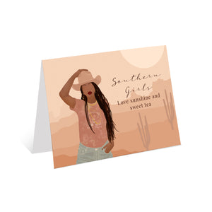 Illustration of a woman with a cowgirl hat, cute t-shirt, and long braids, with the quote "Southern Girls Love Sunshine and Sweet Tea" on a greeting card