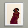 Load image into Gallery viewer, Illustration of Zoey, a black woman in a cranberry shirt and skirt with white flower earrings against a minimalist background.
