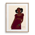 Load image into Gallery viewer, Elegant black woman named Zoey, depicted in a cranberry outfit with white flower earrings and a minimalist scene.
