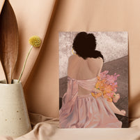 llustration of Joi, a black woman sitting with her back turned, holding a bunch of flowers against a minimalist background.