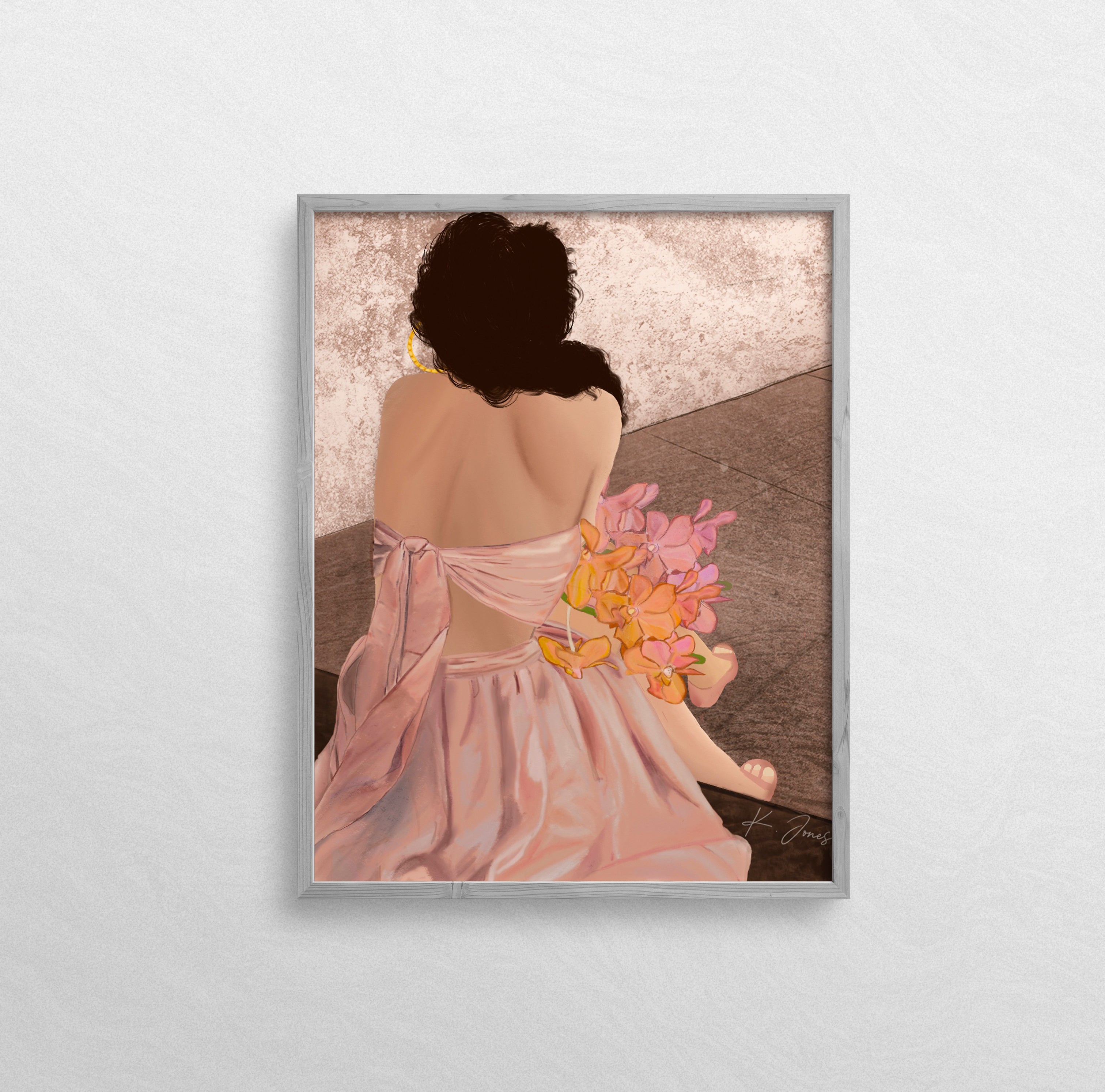 Elegant black woman named Joi, depicted in a minimalist scene, holding flowers with her back turned.