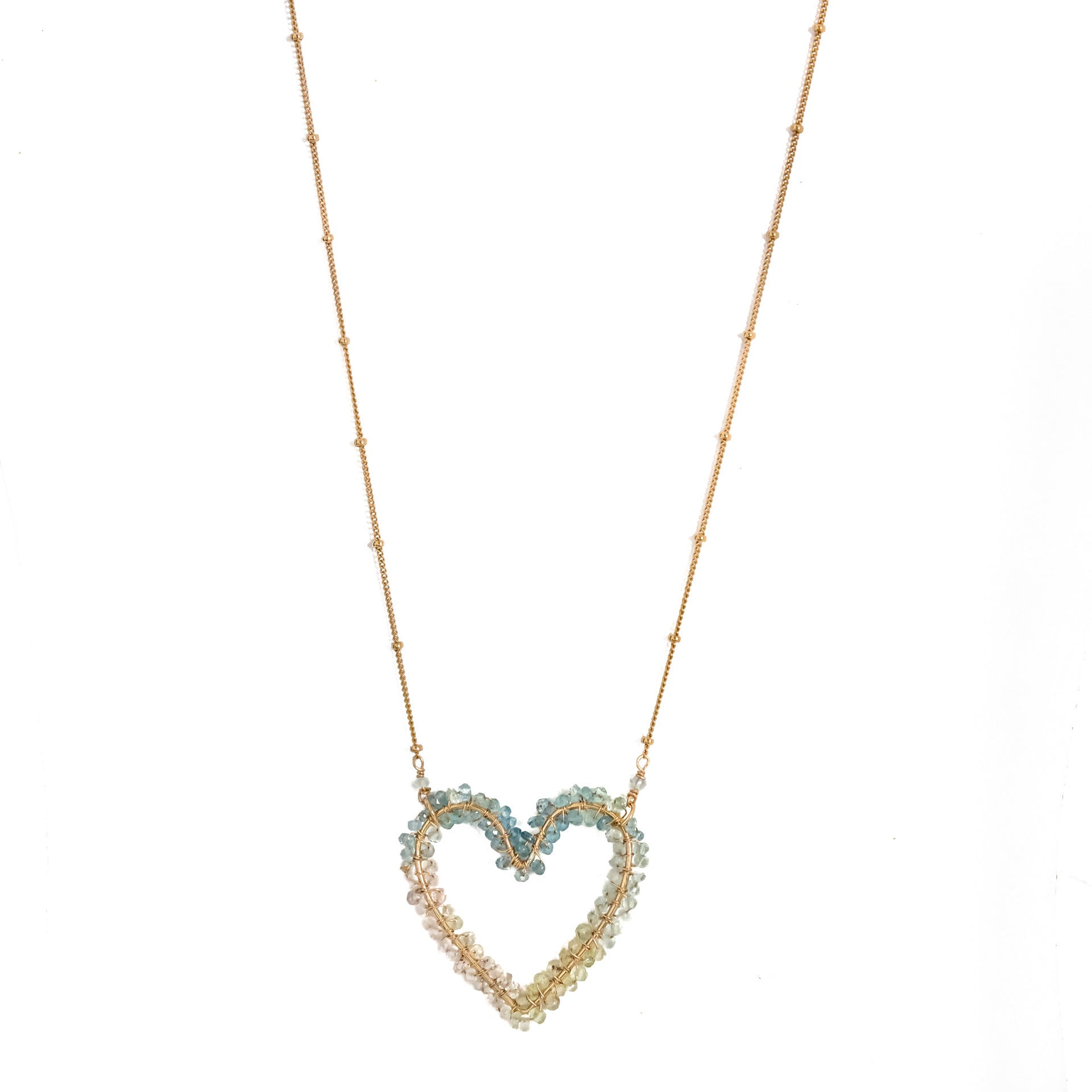delicate gold necklace - ombre necklace - aquamarine heart necklace