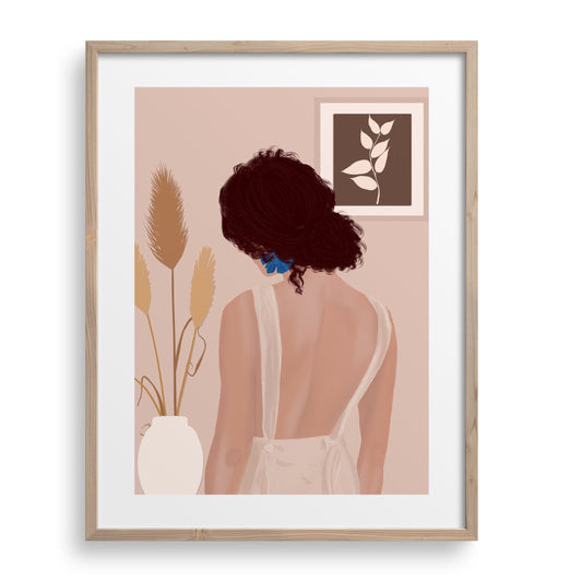 Illustration of Oly, a black woman in a blush outfit, set against a minimalist background.