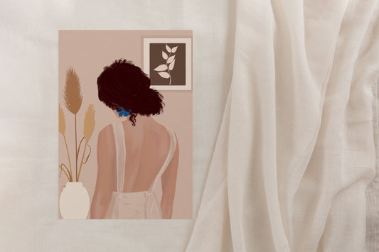 Elegant woman named Oly, depicted in a blush outfit with a minimalist scene.